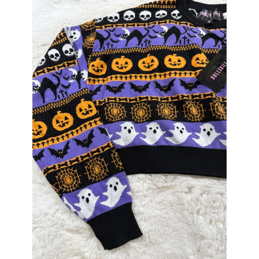 Dollskill Trickz N' Treatz Halloween Cropped Sweater Spooky Fair Isle Ghost M - Picture 3 of 7
